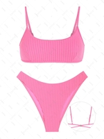 ZAFUL Ensemble de Bikini Côtelé Texturé à Jambe Haute à Lacets Taille unique Rose léger
