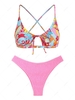 ZAFUL Ensemble de Bikini Fleuri Plissé Croisé S Rose clair