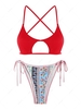 ZAFUL Ensemble de Bikini Tanga Bohémien Côtelé Découpé Mélangé et Assorti à Imprimé Fleuri Taille unique Rouge