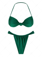 ZAFUL Ensemble de Bikini Tanga Brillant avec Noeud Papillon S Vert profond