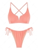ZAFUL Ensemble de Bikini Tanga Croisé Côtelé avec Lien en V en Pagne Taille unique Rose clair