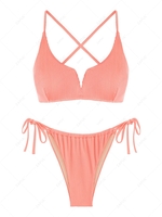 ZAFUL Ensemble de Bikini Tanga Croisé Côtelé avec Lien en V en Pagne Taille unique Rose clair