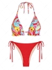 ZAFUL Ensemble de Bikini Tanga Côtelé à Imprimé Floral Rétro à Cordon Taille unique Rouge
