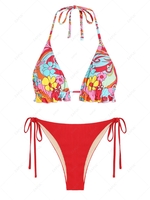 ZAFUL Ensemble de Bikini Tanga Côtelé à Imprimé Floral Rétro à Cordon Taille unique Rouge