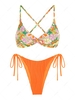 ZAFUL Ensemble de Bikini Tanga Mélangé et Assorti Texturé Torsadé à Imprimé Fleuri Taille unique Multi a