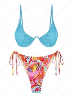 ZAFUL Ensemble de Bikini Tanga Texturé Fleuri à Armature Taille unique Bleu clair