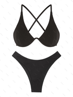 ZAFUL Ensemble de Bikini Texturé Croisé Contrasté Cheeky S Noir