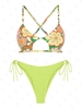 ZAFUL Ensemble de Bikini Tressé Côtelé Croisé à Imprimé Fleuri Taille unique Vert