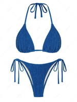ZAFUL Ensemble de Bikini Triangle Plissé Noué à Côté Noué à Col Halter à Cordon S Bleu profond