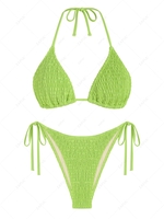 ZAFUL Ensemble de Bikini Triangle Plissé Noué à Côté Noué à Col Halter à Cordon S Vert