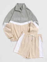 ZAFUL Ensemble de Blouson Coupe-vent Lettre New York Brodée en Blocs de Couleurs et de Short L Café lumière