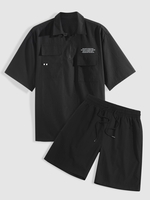 ZAFUL Ensemble de Chemise Cargo à Lettre Happy Everyday et de Short Deux Pièces Xl Noir