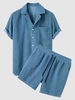 ZAFUL Ensemble de Chemise Décontractée à Manches Courtes en Velours Côtelé et de Short L Bleu