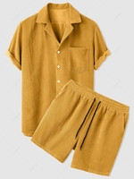 ZAFUL Ensemble de Chemise Décontractée à Manches Courtes en Velours Côtelé et de Short L Deep yellow