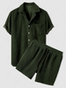 ZAFUL Ensemble de Chemise Décontractée à Manches Courtes en Velours Côtelé et de Short L Vert profond