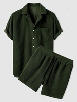 ZAFUL Ensemble de Chemise Décontractée à Manches Courtes en Velours Côtelé et de Short L Vert profond
