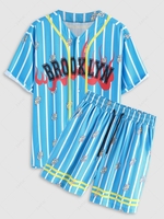 ZAFUL Ensemble de Chemise de Baseball Rayée à Feu BROOKLYN et Short M Bleu clair
