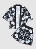 ZAFUL Ensemble de Chemise Kimono à Imprimé Fleur et de Short M Noir