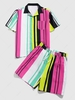 ZAFUL Ensemble de Chemise Rayée Colorée Imprimée avec Poche et de Short Xl