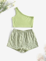 ZAFUL Ensemble de Débardeur Côtelé à Une Epaule et de Short à Carreaux M Vert