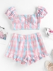 ZAFUL Ensemble de Deux Pièces à Carreaux à Manches Bouffantes à Volants M Rose clair
