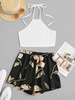 ZAFUL Ensemble de Deux Pièces Fleur Imprimée Contrasté à Col Halter L Blanc