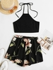 ZAFUL Ensemble de Deux Pièces Fleur Imprimée Contrasté à Col Halter S Noir