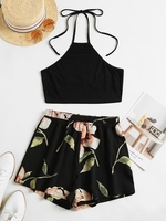 ZAFUL Ensemble de Deux Pièces Fleur Imprimée Contrasté à Col Halter S Noir