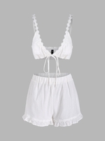 ZAFUL Ensemble de Deux Pièces Noué en Avant Fleuri en Dentelle à Volants M Blanc