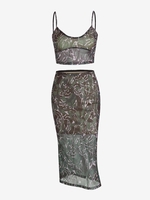 ZAFUL Ensemble de Haut à Imprimé Camouflage en Maille Semi-Transparente et de Jupe Deux Pièces S