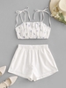 ZAFUL Ensemble de Haut Broderie Anglaise Fleuri Noué et de Short M Blanc