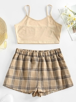 ZAFUL Ensemble de Haut Court à Bretelle à Carreaux et de Short S Café lumière