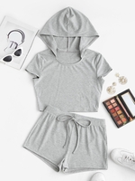 ZAFUL Ensemble de Haut Court à Capuche Côtelé et de Short M Gris clair