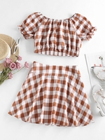 ZAFUL Ensemble de Haut Court à Carreaux et de Jupe Fluide M Café