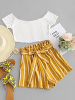 ZAFUL Ensemble de Haut Court à Epaule Dénudée et de Short Rayé S