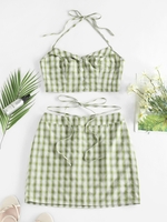 ZAFUL Ensemble de Haut Court en Vichy à Col Halter et de Jupe L Vert clair