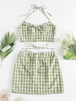 ZAFUL Ensemble de Haut Court en Vichy à Col Halter et de Jupe S Vert clair