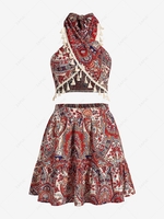 ZAFUL Ensemble de Haut Croisé à Imprimé Cachemire à Frange Style Ethnique et de Jupe L Rouge