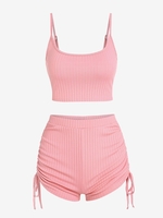 ZAFUL Ensemble de Haut Côtelé Assorti et de Short Plissé à Côté S Rose clair