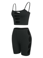 ZAFUL Ensemble de Haut Côtelé Découpé à Bretelle et de Short de Bicyclette L Noir