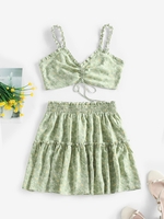ZAFUL Ensemble de Haut Fleuri Plissé à Volants à Bretelle et de Jupe S Vert clair