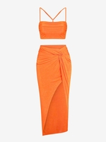 ZAFUL Ensemble de Haut Jersey Au Dos Y et de Jupe Moulante Fendue Torsadée S Orange