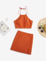 ZAFUL Ensemble de Haut Noué Au Dos Ouvert à Col Halter et de Jupe Fendue en Avant S Orange foncé