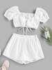 ZAFUL Ensemble de Haut Noué Broderie Anglaise et de Short M Blanc