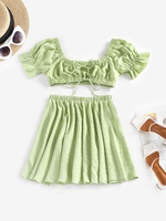 ZAFUL Ensemble de Haut Noué en Avant à Manches Bouffantes et de Jupe L Vert clair