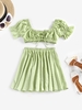 ZAFUL Ensemble de Haut Noué en Avant à Manches Bouffantes et de Jupe S Vert clair
