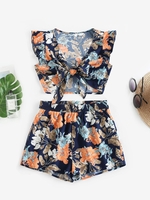 ZAFUL Ensemble de Haut Noué Fleur à Volants et de Short avec Poche L Bleu profond