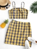 ZAFUL Ensemble de Haut Plissé Au Dos à Carreaux de Grande Taille et de Jupe