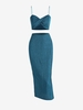 ZAFUL Ensemble de Haut Tordu Plissé à Bretelle avec Jupe Mi-Longue Fendue Deux Pièces L Bleu profond