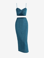 ZAFUL Ensemble de Haut Tordu Plissé à Bretelle avec Jupe Mi-Longue Fendue Deux Pièces L Bleu profond